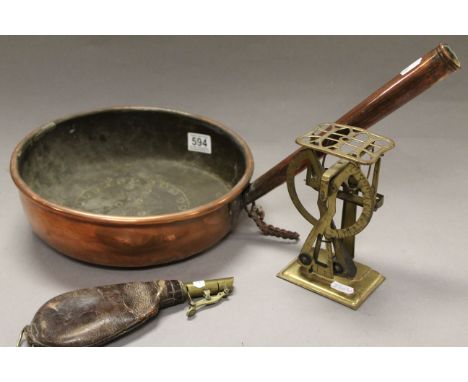 Large copper pan bowl, brass letter scales and a leather shot flask with impressed hunting scene