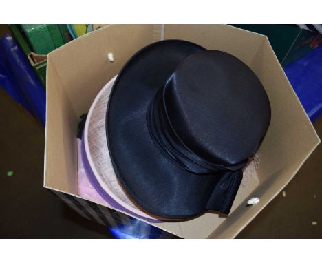 Three occasion wear hats, to include a pink straw and net hat, a lavender and floral net decorated hat by Eastex and a navy b