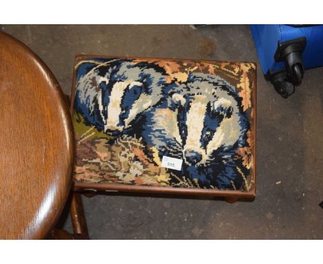 Footstool with tapestry top decorated with badgers