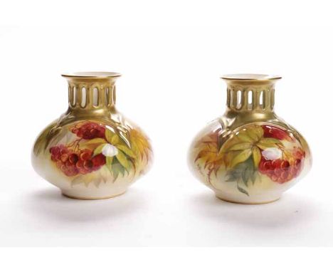 PAIR OF ROYAL WORCESTER VASES signed by Kitty Blake, hand painted with berry design, stamped Royal Worcester to the base, 10c