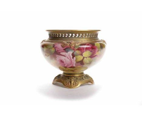 ROYAL WORCESTER PEDESTAL BOWL
of squat baluster form and with pierced rim, decorated with pink roses and foliage on an ivory 