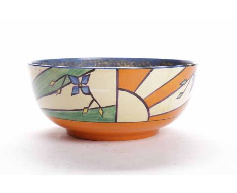 CLARICE CLIFF WILKINSON FANTASQUE BOWL
decorated in the Sunray and Leaves pattern, black printed mark to base, 21cm diameter