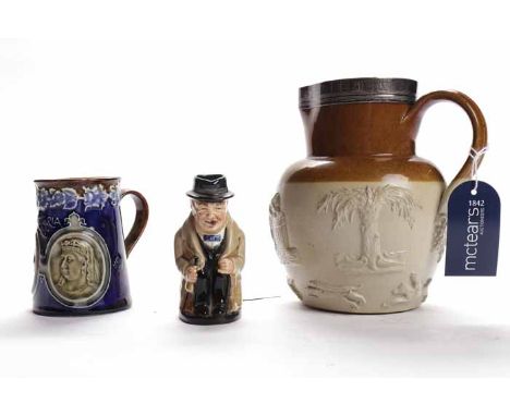 DOULTON LAMBETH QUEEN VICTORIA JUBILEE MUG
impressed mark to base, numbered 7500 and impressed initials, 10cm high; along wit