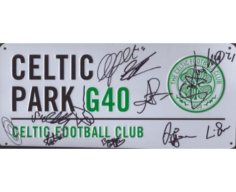 Football Celtic multi signed Celtic Park G40 Metal road signed includes 12 squad and staff signatures such as Ange Postecoglo