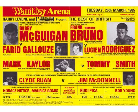 Boxing vintage Wembley Arena 12x8 fight poster featuring Barry McGuigan, Frank Bruno, Mark Kaylor and Jim McDonnell dated 26t
