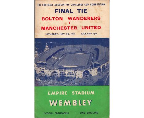 Football Bolton Wanderers v Manchester United 1958 FA Cup Final Empire Stadium Wembley vintage programme. Good condition. All