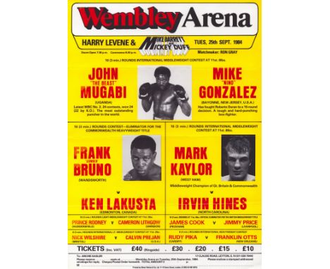 Boxing vintage Wembley Arena 12x8 fight poster featuring John Mugabi, Frank Bruno, Mark Kaylor and James Cook dated 25th Sept