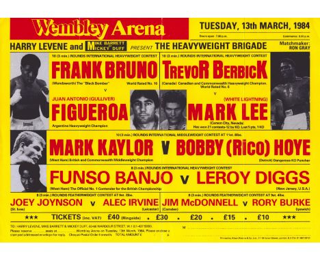 Boxing vintage Wembley Arena 12x8 fight poster featuring Frank Bruno, Trevor Berbick, Mark Kaylor and Jim McDonnell dated 13t