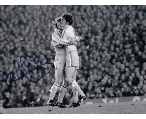 Autographed Tony Currie 8 X 6 Photo: B/W, Depicting Leeds United's Tony Currie Celebrating With Team Mate Allan Clarke After 