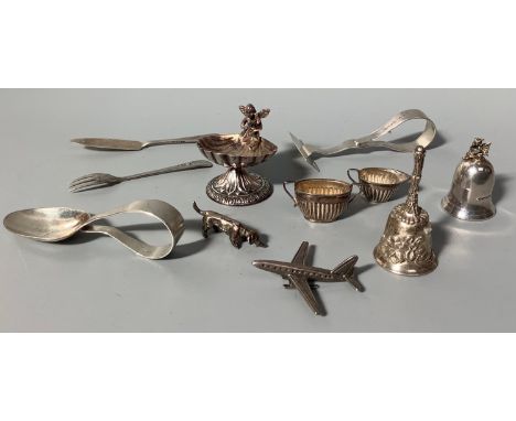 A quantity of small silver and white metal items including a silver spoon &amp; pusher, silver tooth keepsake in the form of 