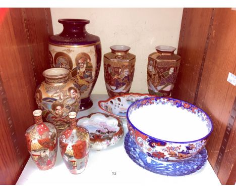 SECTION 22.  Various Japanese Imari vases together with a Japanese pierced oval dish with boating scene, a lotus shaped trink