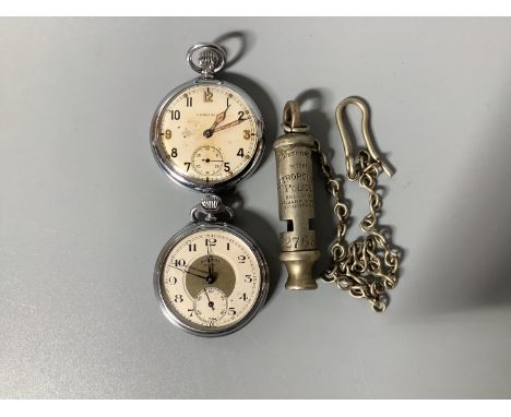 A WWII Leonidas open faced military pocket watch, with cream enamel dial and Arabic numerals, engraved to the back with broad