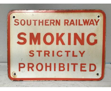Railwayana interest: An early 20th century red and white enamel sign 'Southern Railway Smoking Strictly Prohibited', 30 x 43c
