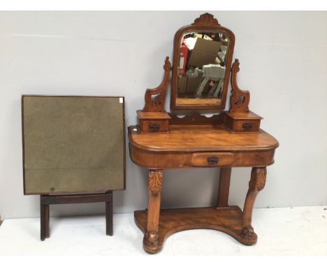 A satin walnut 'Duchess' dressing table with central mirror raised on carved and scrolling supports, with small drawer either