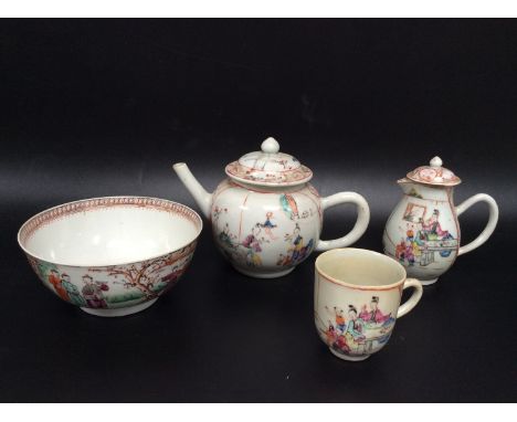 An 18th century Chinese export teapot of globular form decorated in polychrome enamels with figures, together with a matching