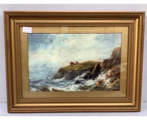 19th Century English School.  A seascape study depicting choppy waters by cliffs, unsigned, oil on board, mounted, glazed and