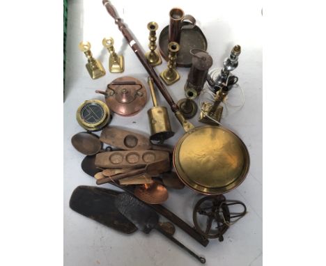 A WWII Spitfire P8 brass compass serial no. 121271, together with a copper skillet, copper kettle, tall copper drinks measure