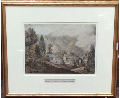 Reverend Joseph Wilkinson (1764-1831), 'Cottage at Portinscale, with part of Skiddaw,' with figure on horseback and mountains