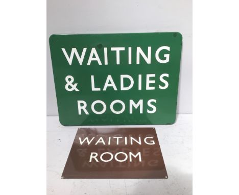 Railwayana interest: A British Rail (S) 1950s large green and white enamel sign 'Waiting &amp; Ladies Rooms', 46 x 61cm, toge