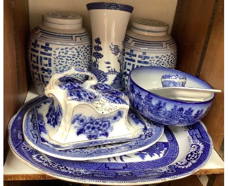 A collection of blue and white China ware including two large ginger jars, Royal Doulton Booths Real Old Willow vase, Royal W