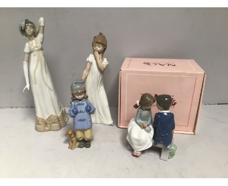 Four various Spanish porcelain figure groups including Nao 'First Love' with box, Nao young girl with hat, rucksack and dog a