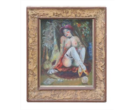 *GABRIEL SUMMERS (Contemporary) THE FORTUNE TELLER, 1990, a seated topless fortune teller in a tent, surrounded by playing ca