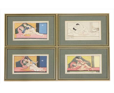 INDIAN SCHOOL (early 20th century)A SET OF FOUR EROTIC SCENESPen and ink and gouache14 x 22cm (4)