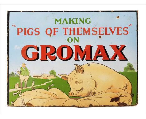 GROMAX PIGS, early 20th century, a rare enamel advertising sign ‘Making Pigs of Themselves on GROMAX’, 76cm wide, 58cm high