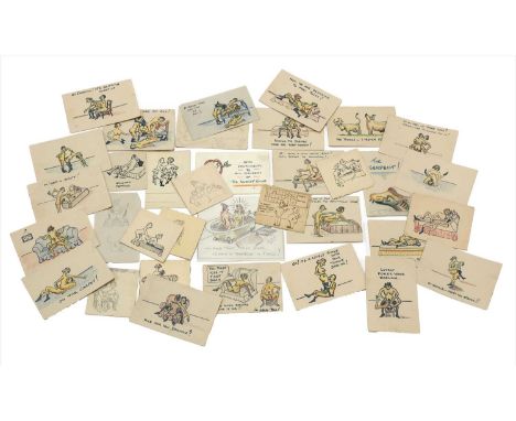 WWII EROTIC DRAWINGS, an unusual group of thirty-seven comical WWII erotic folk art drawings in pencil and pen on paper and c