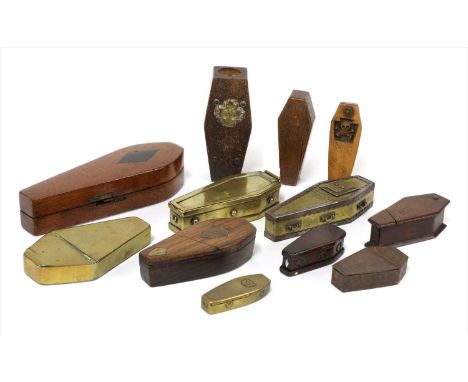 A COLLECTION OF SARCOPHAGUS SNUFF BOXES , predominantly 19th century, to include wooden and brass examples, largest 12cm long