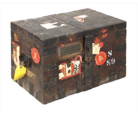 AN OAK PLATE CHEST, PURPORTEDLY BELONGING TO LORD LUCAN, first half of the 20th century, with steel strapping and iron handle