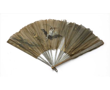 BAT RIDING WITCH, a large, early 20th century, possibly French, silk and wooden fan, hand-painted with a witch riding a bat w