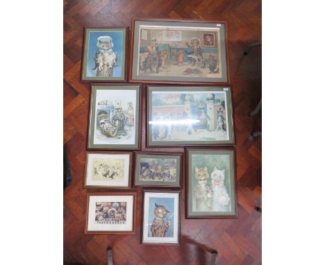 Nine Louis Wain Cat prints, all framed and under glass, largest H26 x W35 inches. Not Suitable for postage. Courier or Collec