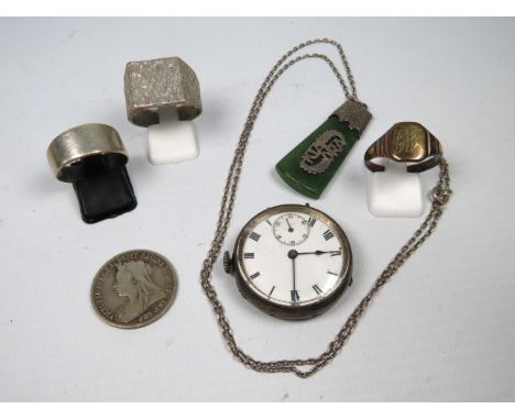 Mixed jewellery lot to include Three Mens sterling silver rings, a silver necklace with jade pendant and a silver cased watch