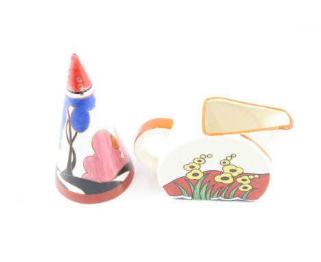 Clarence Cliff 'Bizarre' Ceramic Items By Wedgewood Milk Jug &amp; Sugar Shaker x2 702543