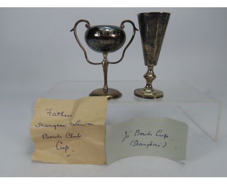Two Small Trophys for Lawn Bowls in Shanghi China 1920s. 3.5" tall.