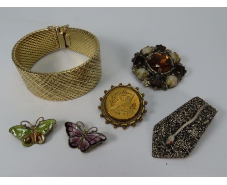 Mixed lot of costume jewellery including two Norwegian sterling silver enamel butterfly brooches.