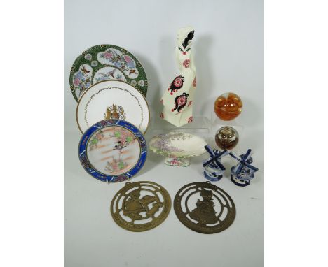 Mixed ceramics including Royal Winton &amp; Delfts plus two art glass paperweights and two brass plaques.
