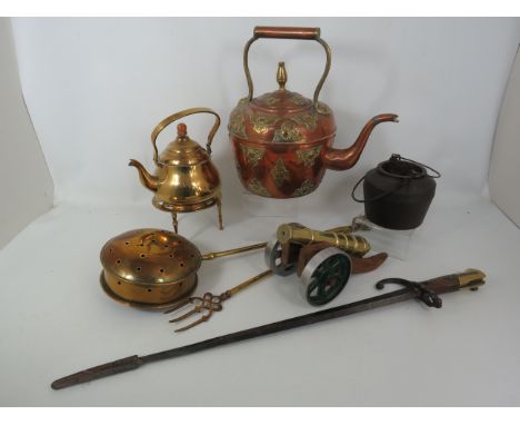 Mixed metal lot to inclde copper, brass, etc. Plus a French Tri-form Bayonet converted in to a poker. See photos.
