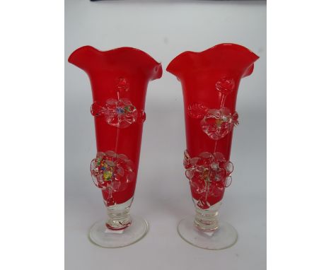 Two Chinese plum cased art glass vases, 8.5" tall.