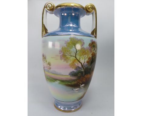 Large Twin Handle Noritake vase with lake scene, 12.5" tall.