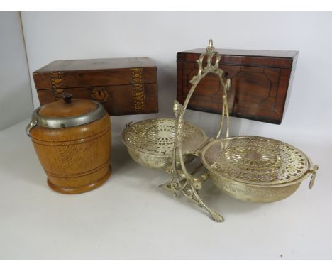 Mixed lot include marquetry jewellery box, tea caddy, etc. See photos.