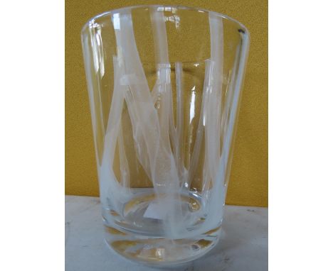 Art glass vase with internal white stripe decoration, possibly Kosta Boda. 7" tall &amp; 5 3/4" diameter.