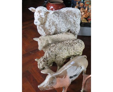 Selection of Lifesize fibre glass garden ornaments of sheep and a piglet.  Largest measures 21 inches tall. See photos. 