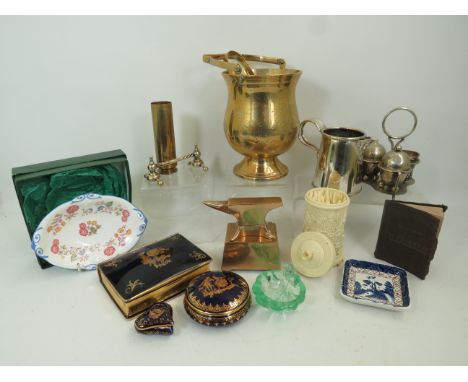 Mixed lot of Brass, silver plate and ceramics including Limoges, Hammersley etc.