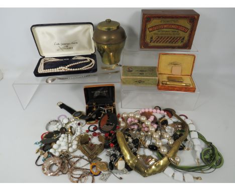 Interesting mixed lot to include costume Jewellery,  Vintage Liptons tea caddy with spoon, Gillette De lux saftey razor with 