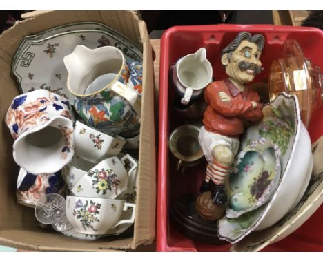 Three boxes of various ceramics and glass including teapots, a Royal Doulton tea service etc.
