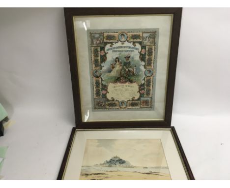A Victorian framed print of the “Ancient order of foresters friendly society” certificate 1899 and a framed watercolour of St