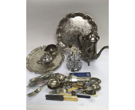 A box of various silver plated items including two trays, three piece tea service, various cutlery etc.