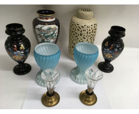 A Compton and Woodhouse 'Imari Dragon vase', a pierced  oriental style studio pottery vase plus various glass vases